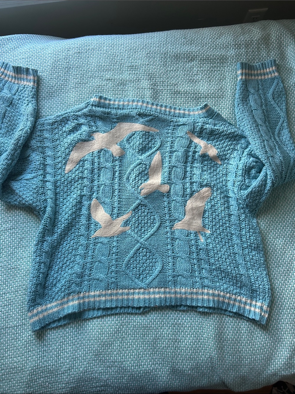 Taylor Swift XS/S Sky Blue Cable Knit Crewneck Sweater with White Seagull Motif